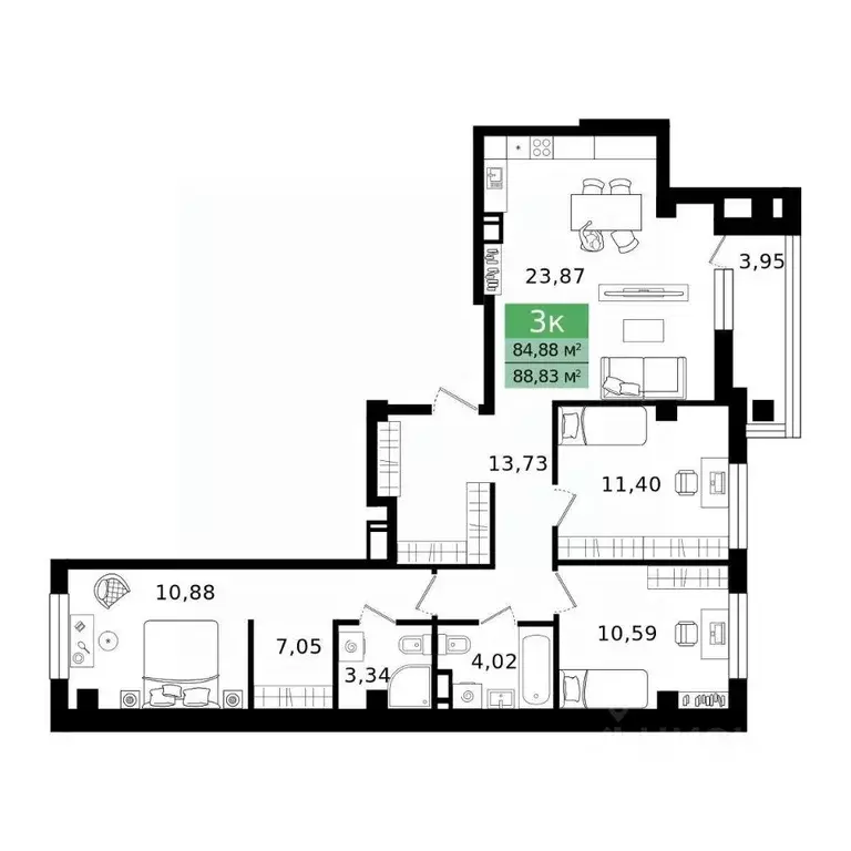 3-к кв. Курганская область, Курган просп. Конституции (88.83 м) - Фото 1