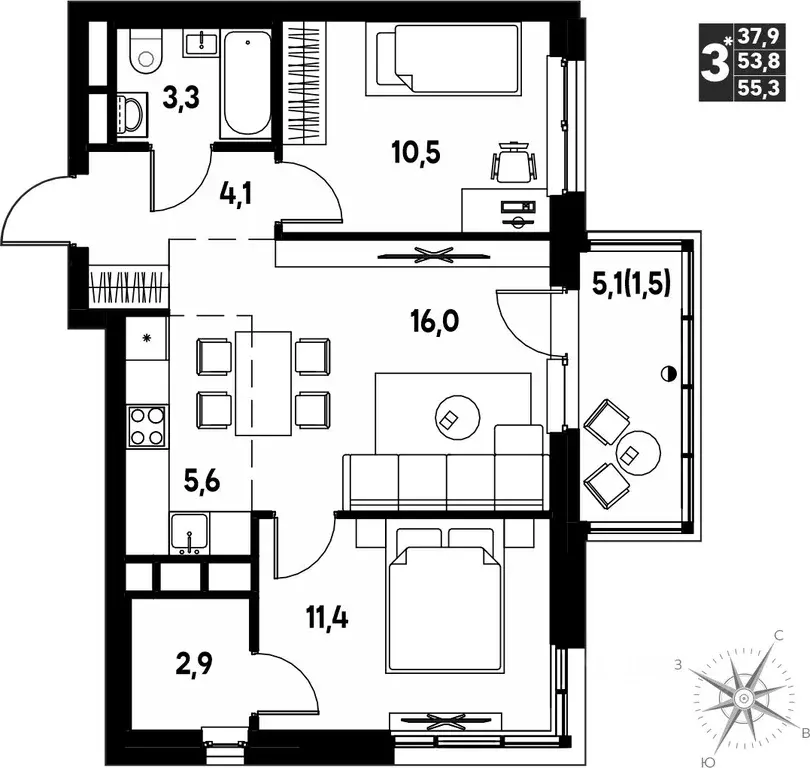 Студия Пермский край, д. Кондратово просп. Дягилева, 3 (55.3 м) - Фото 1