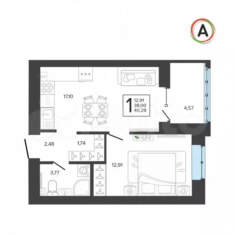 1-к. квартира, 40,3м, 9/9эт. - Фото 1