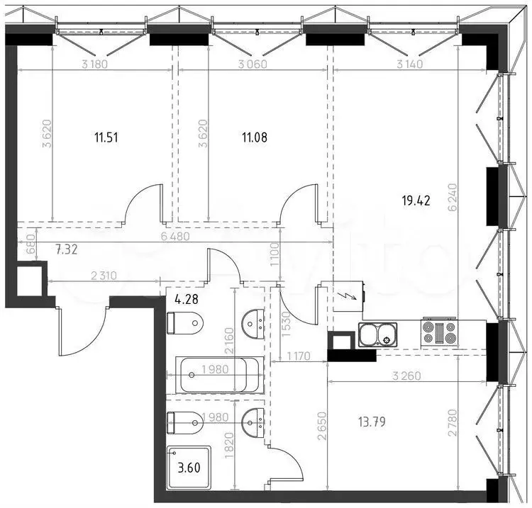 3-к. квартира, 71 м, 6/15 эт. - Фото 0