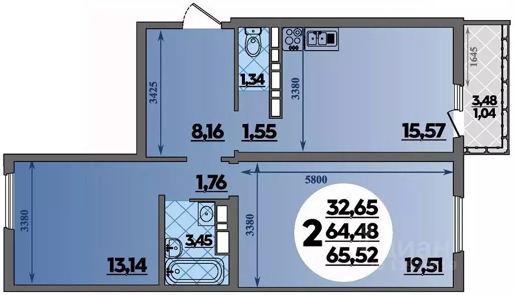 2-к кв. Адыгея, Майкоп  (65.52 м) - Фото 1