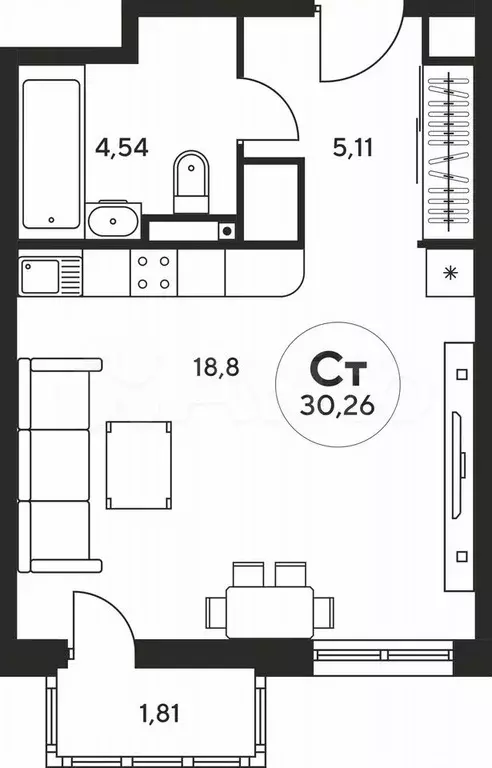 Квартира-студия, 30,3 м, 22/25 эт. - Фото 1