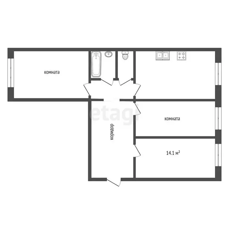 1к в 3-комнатной квартире (14.1 м) - Фото 0