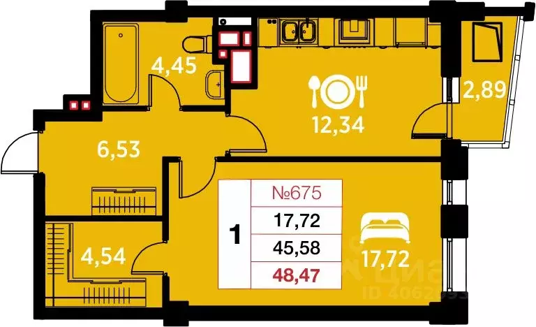 1-к кв. Калининградская область, Калининград ул. Гайдара, 94 (48.47 м) - Фото 0