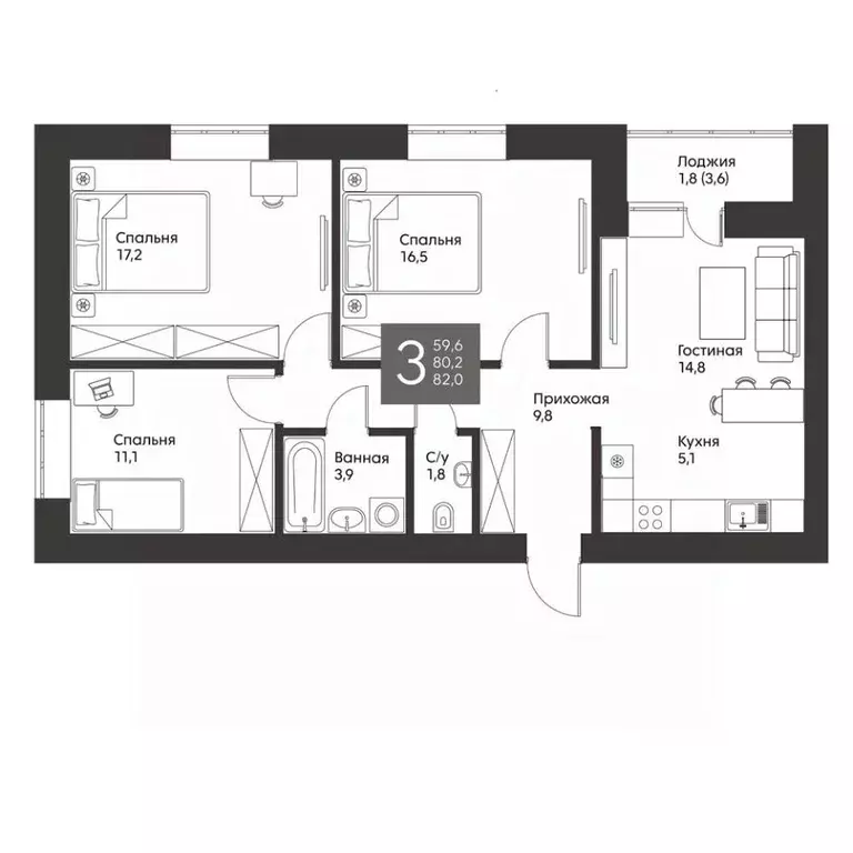 3-к кв. Татарстан, Альметьевск ул. Гафиатуллина, 62 (82.0 м) - Фото 0