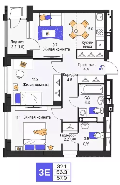 3-к кв. Пермский край, Пермь ул. Карла Модераха, 7 (57.9 м) - Фото 1