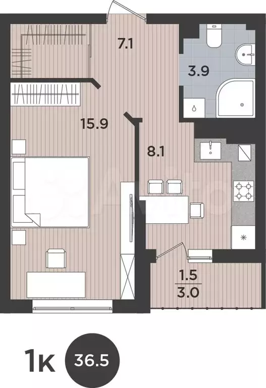 1-к. квартира, 36,5 м, 8/9 эт. - Фото 1