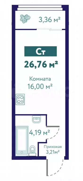 Квартира-студия, 26,8 м, 1/10 эт. - Фото 1