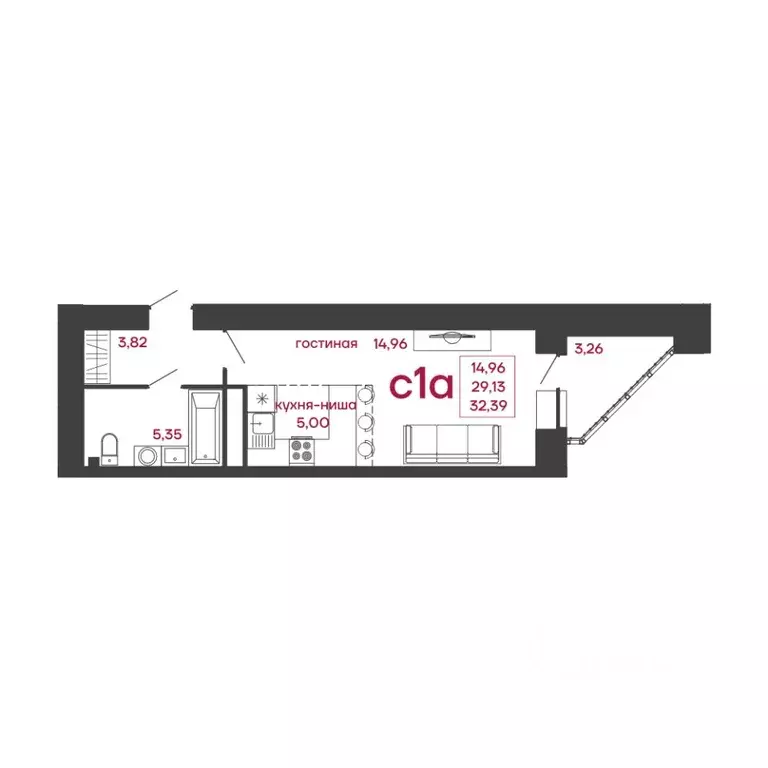 Студия Пензенская область, Пенза ул. Измайлова, 41В (32.39 м) - Фото 2