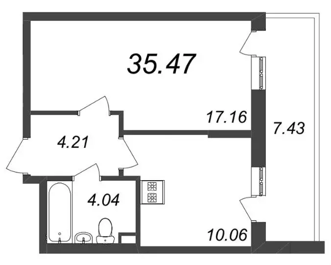 Квартира, 1 комната, 42.9 м - Фото 0