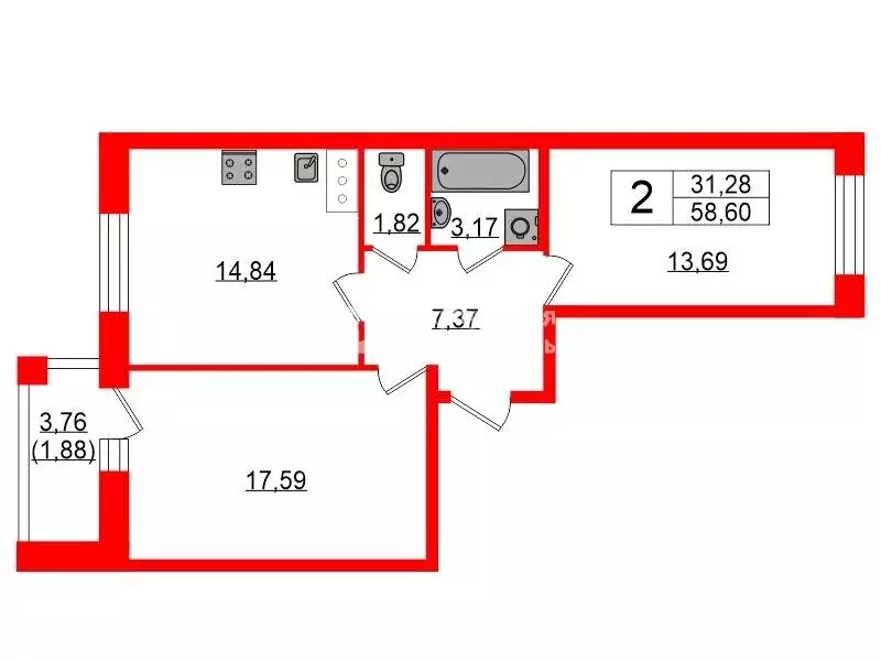 2-к кв. санкт-петербург пулковское ш, 42к6 (58.6 м) - Фото 1