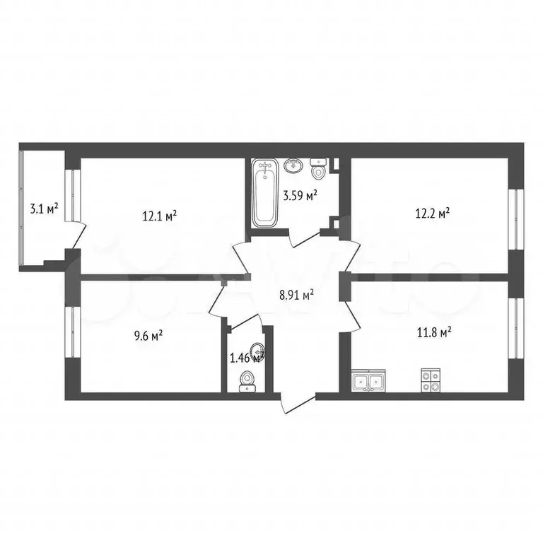 3-к. квартира, 59,6 м, 1/5 эт. - Фото 0