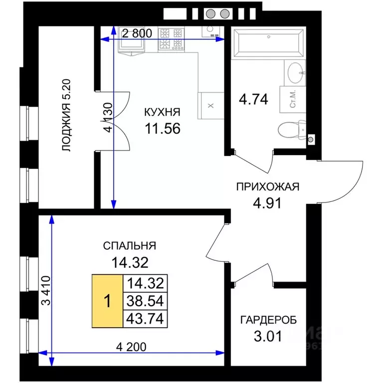 1-к кв. Калининградская область, Гурьевск Включи жилой комплекс (43.74 ... - Фото 0