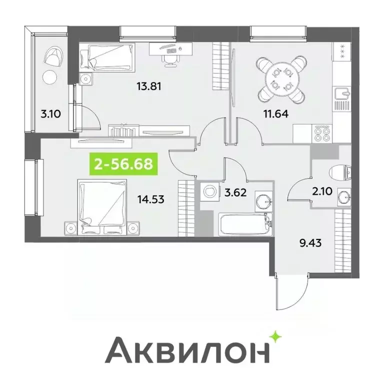 2-к кв. Санкт-Петербург Аквилон Ливз 2 жилой комплекс (56.68 м) - Фото 0