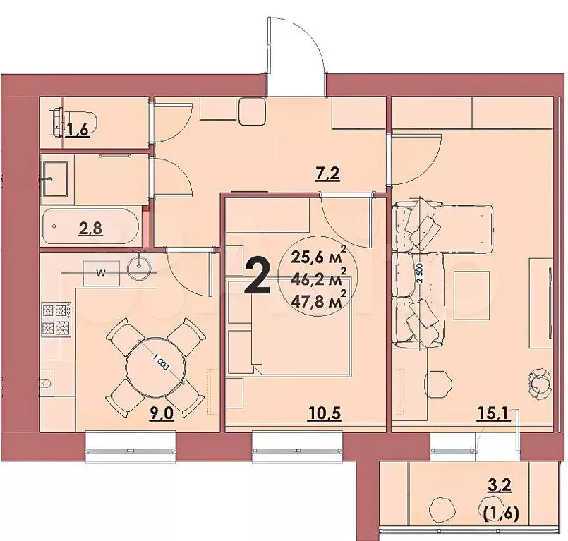 2-к. квартира, 47,8м, 5/5эт. - Фото 1