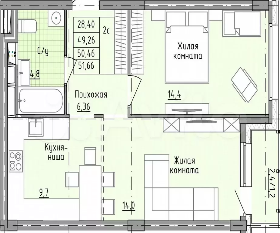 2-к. квартира, 51,7 м, 21/25 эт. - Фото 0