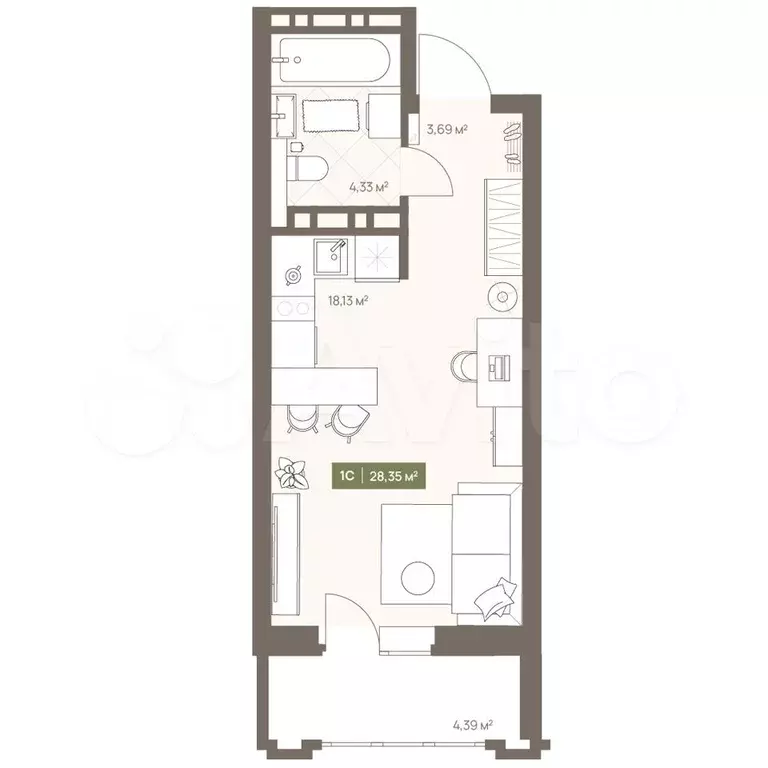 Квартира-студия, 28,4 м, 13/16 эт. - Фото 0