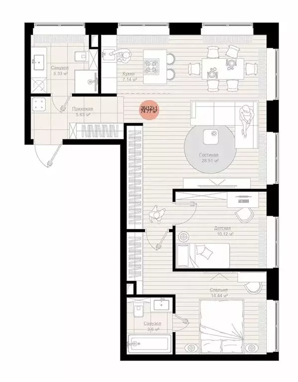 3-комнатная квартира: Казань, ЖК Яналиф (74.77 м) - Фото 2