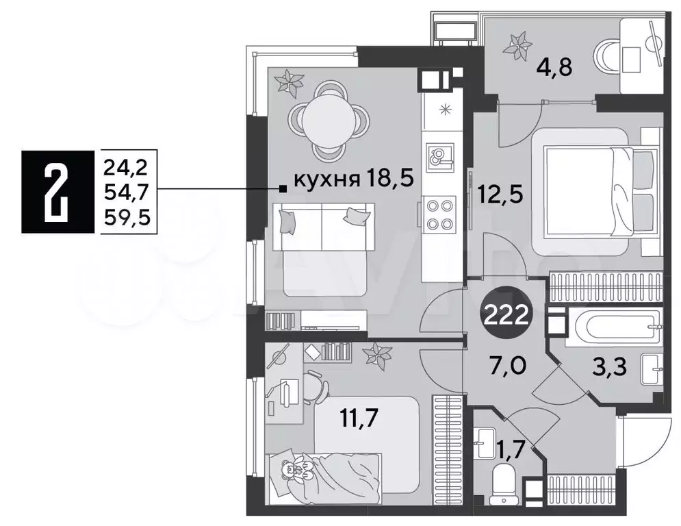 2-к. квартира, 59,5 м, 7/9 эт. - Фото 1