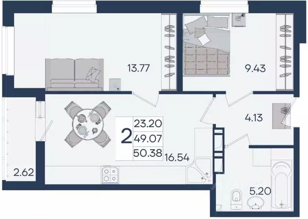 2-к кв. Краснодарский край, Краснодар  (50.38 м) - Фото 1