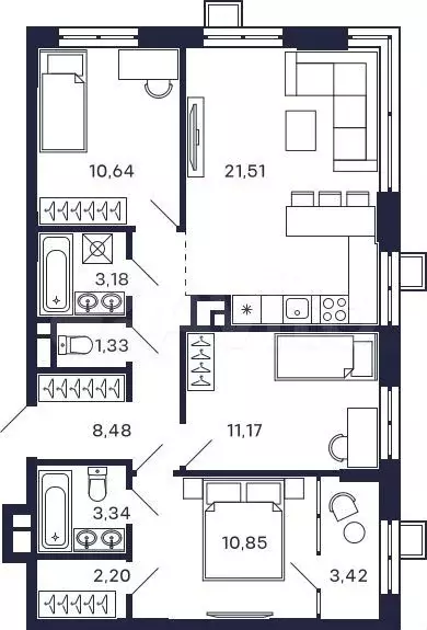 3-к. квартира, 73,9м, 11/28эт. - Фото 0