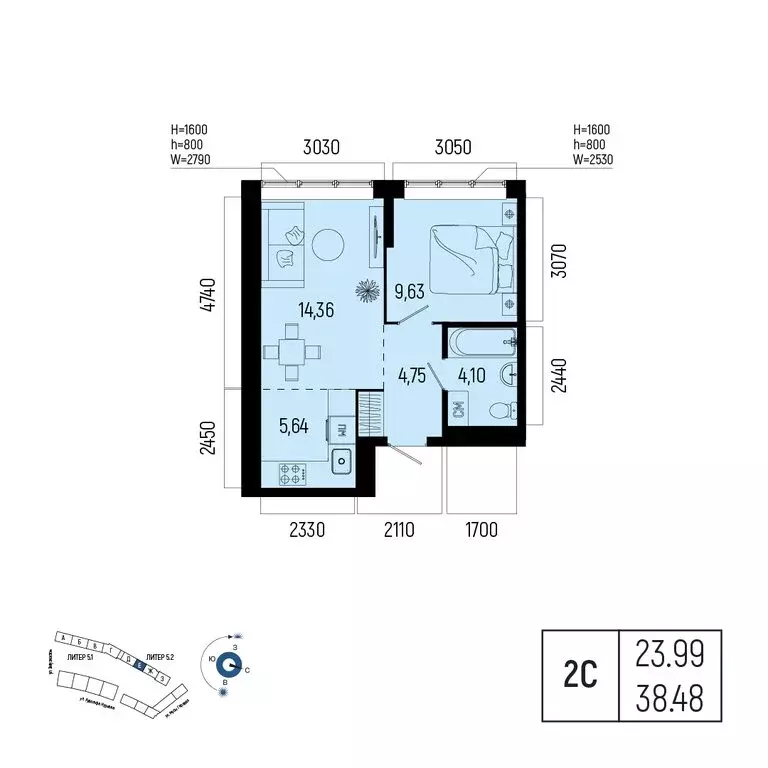 2-комнатная квартира: Уфа, улица Рудольфа Нуреева, 7 (38.48 м) - Фото 1