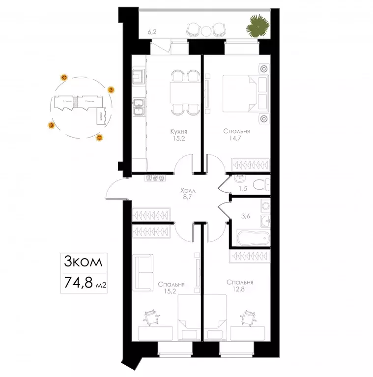 3-к квартира, 74.8 м - Фото 1