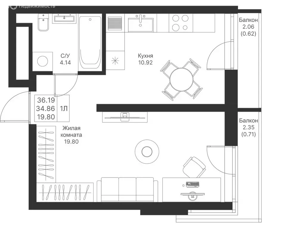 1-комнатная квартира: Казань, ЖК Мой Ритм (36.19 м) - Фото 0