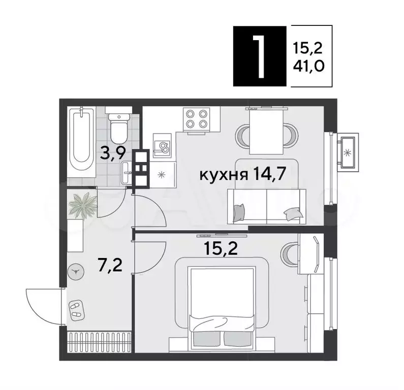 1-к. квартира, 41 м, 5/9 эт. - Фото 1