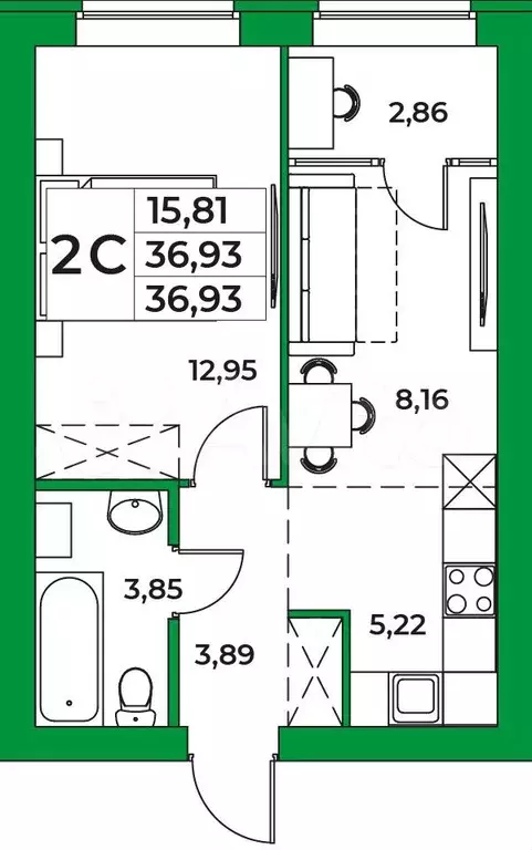 1-к. квартира, 36,9 м, 9/9 эт. - Фото 0