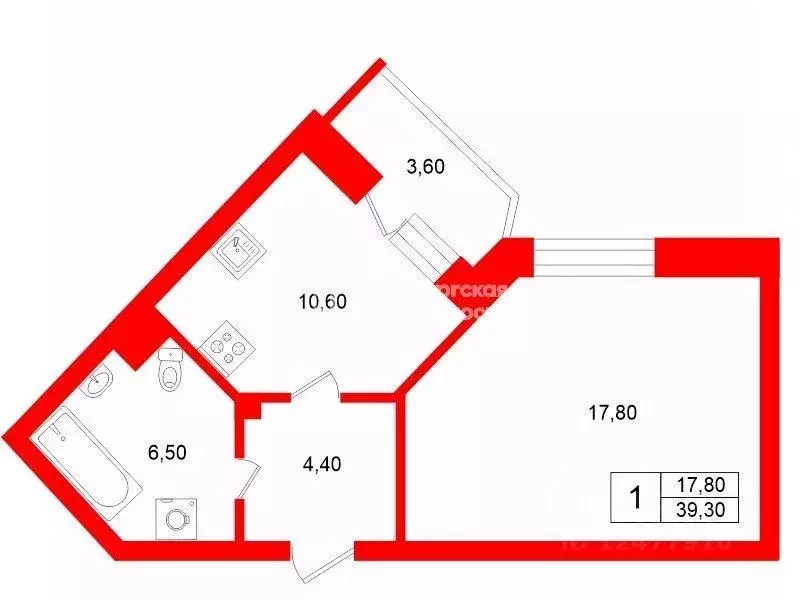 Квартира, 1 комната, 39.29 м - Фото 1