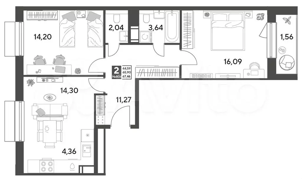 2-к. квартира, 67,5 м, 9/12 эт. - Фото 0