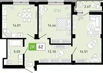 2-к кв. Тюменская область, Тюмень ул. Константина Посьета, 6 (62.2 м) - Фото 0