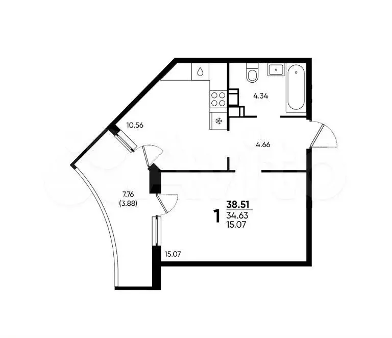 1-к. квартира, 38,5 м, 14/22 эт. - Фото 1