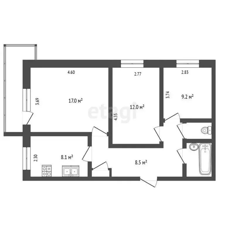 3-комнатная квартира: Вологда, улица Маршала Конева, 2 (60.1 м) - Фото 1