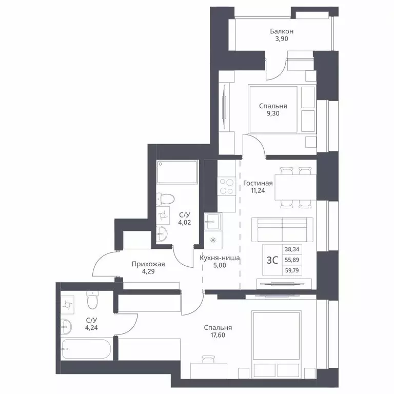 3-комнатная квартира: Новосибирск, улица Дуси Ковальчук, 246 (59.79 м) - Фото 0