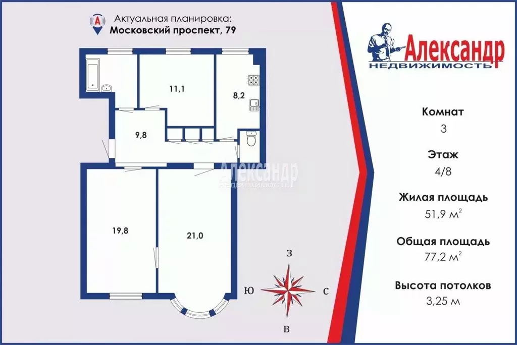 3-к кв. Санкт-Петербург Московский просп., 79 (77.2 м) - Фото 0