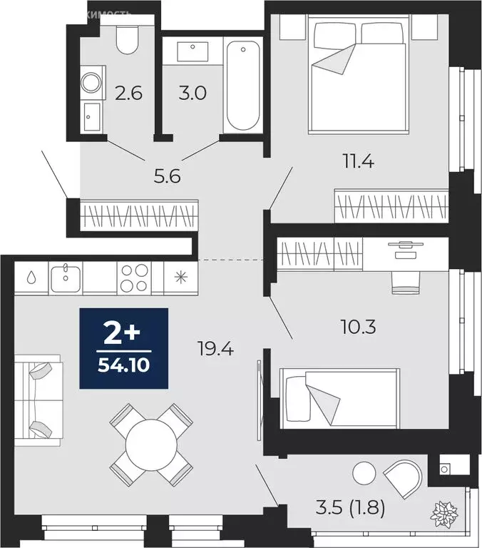 2-комнатная квартира: Тюмень, проезд Капитана Куликова, 5 (55.8 м) - Фото 1