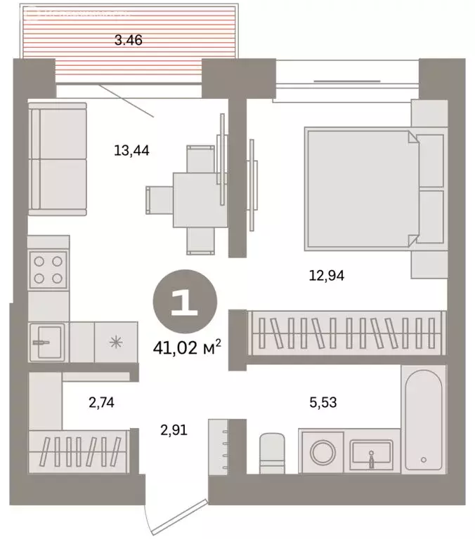 1-комнатная квартира: Тюмень, Причальная улица, 7 (41.02 м) - Фото 1