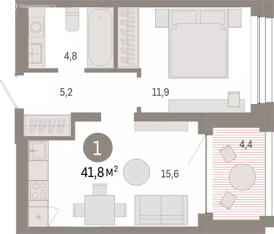 1-комнатная квартира: Тюмень, улица Муравленко, 9/2 (41.79 м) - Фото 1