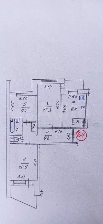 3-к. квартира, 65,1 м, 7/9 эт. - Фото 0