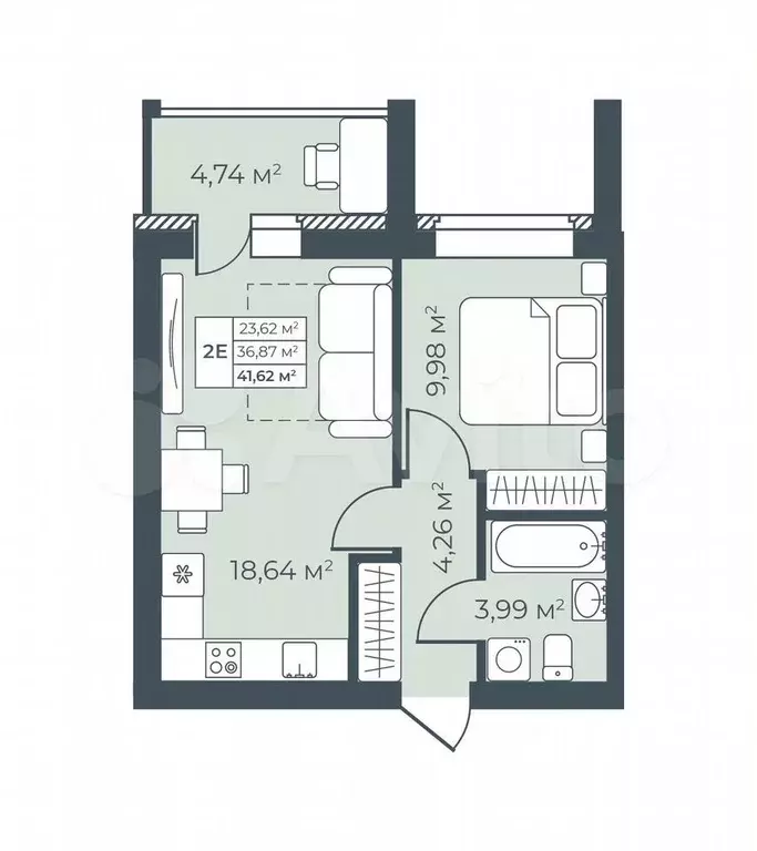 2-к. квартира, 41,6 м, 2/9 эт. - Фото 0