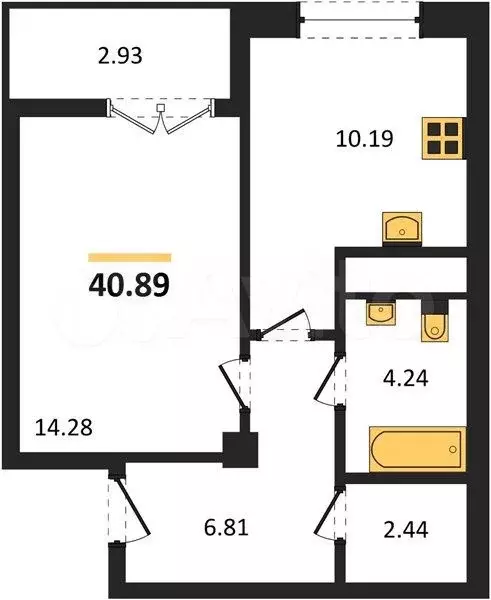 1-к. квартира, 40,9 м, 5/9 эт. - Фото 1