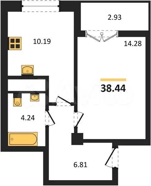 1-к. квартира, 38,4 м, 4/9 эт. - Фото 1