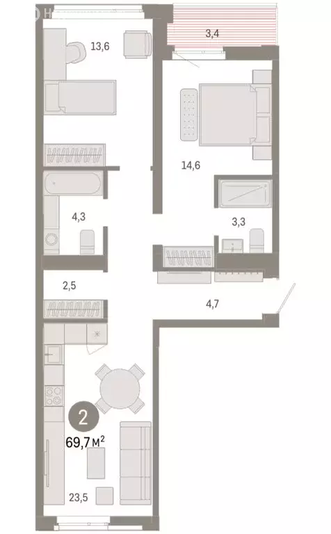 2-комнатная квартира: Тюмень, улица Республики, 205к3 (69.73 м) - Фото 2