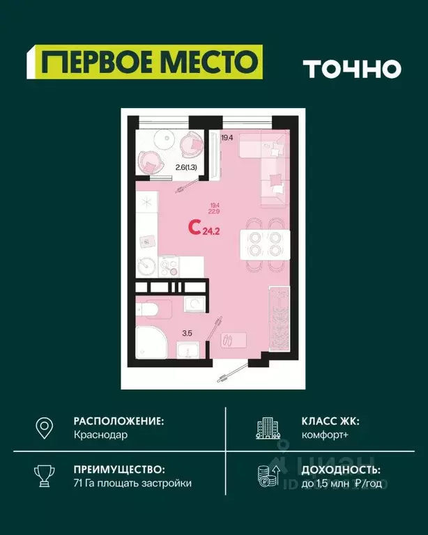 Студия Краснодарский край, Краснодар Первое Место жилой комплекс (24.2 ... - Фото 1