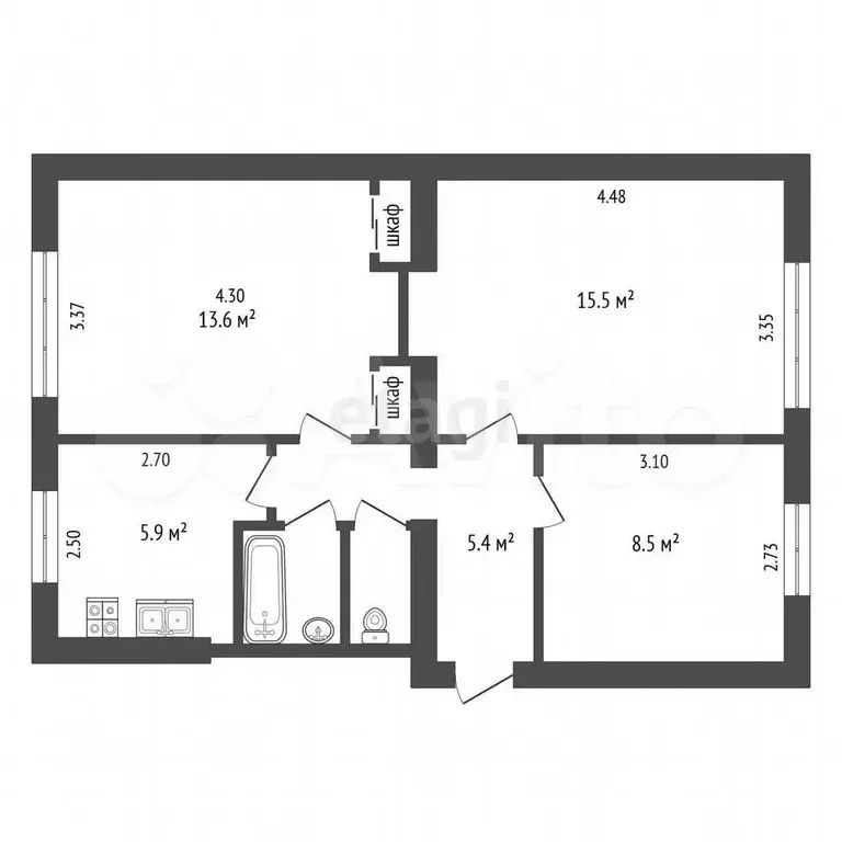 3-к. квартира, 52,9 м, 1/2 эт. - Фото 1