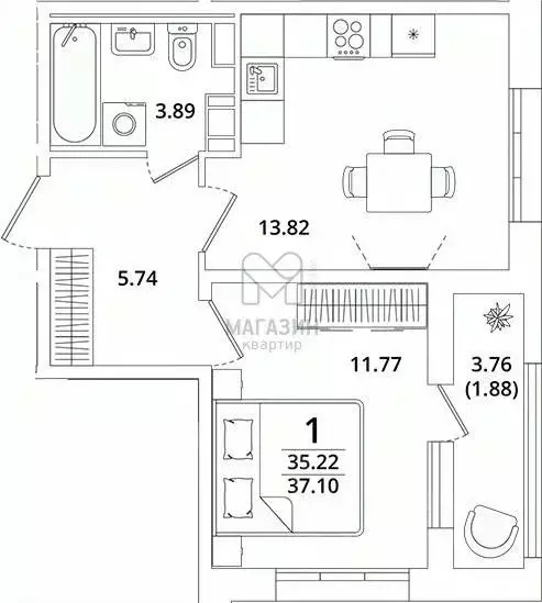 1-к кв. Санкт-Петербург Предпортовая тер.,  (37.1 м) - Фото 0