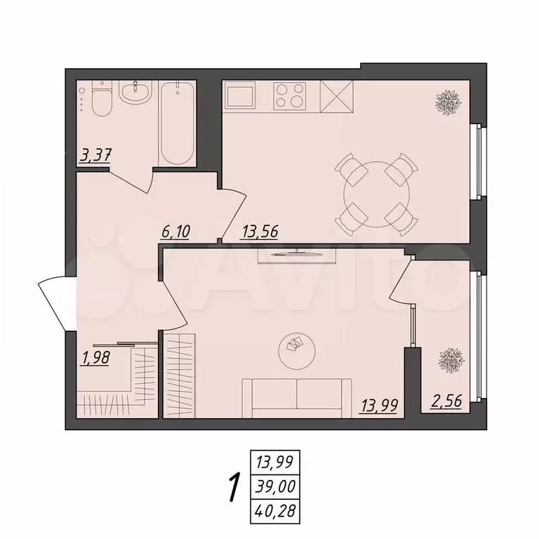 1-к. квартира, 40,3 м, 10/10 эт. - Фото 0