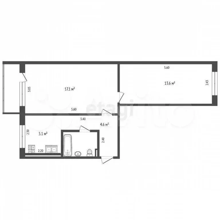 2-к. квартира, 43,4 м, 1/5 эт. - Фото 0